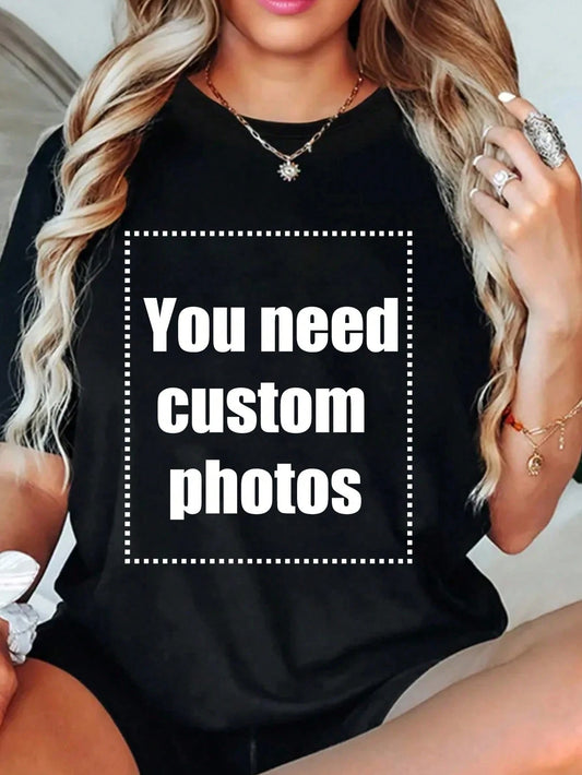 Women's T-Shirt, Print Your Exclusive T-Shirt, Add Your Own Text/Image (Badge Pattern/Company Logo/Family Photo/Selfie). Summer Black, Birthday Gift