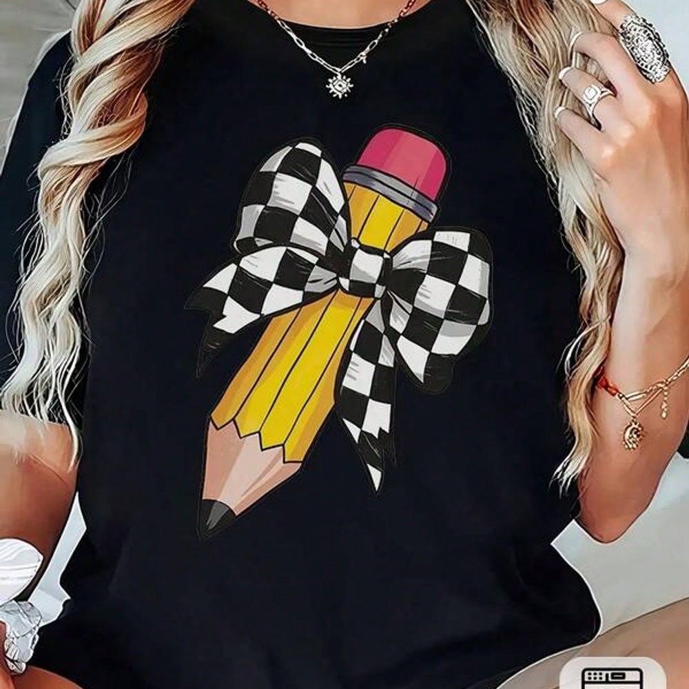 Women's Teacher T-Shirt- Soft Breathable Black Crew Neck Top With Yellow Pencil Print