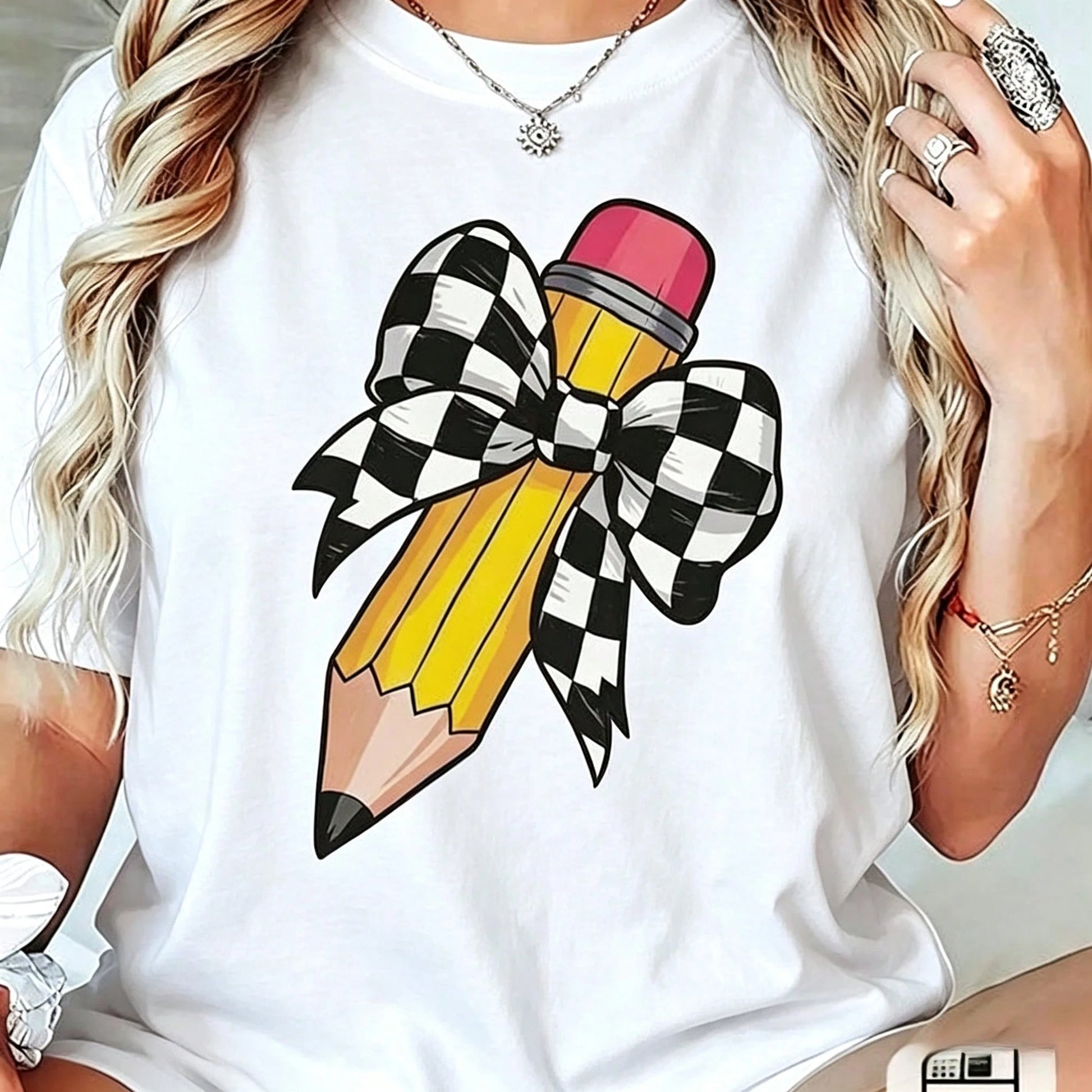 Women's Teacher T-Shirt- Soft Breathable Black Crew Neck Top With Yellow Pencil Print