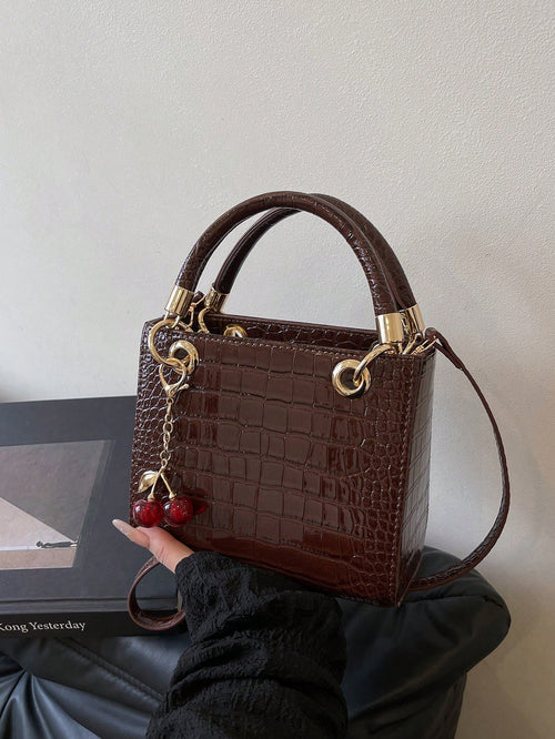 Women's Tote Bag With Large Capacity, Cherry Pendant, Adjustable Shoulder Strap For Crossbody Or Shoulder Wear, Elegant Coffee Color