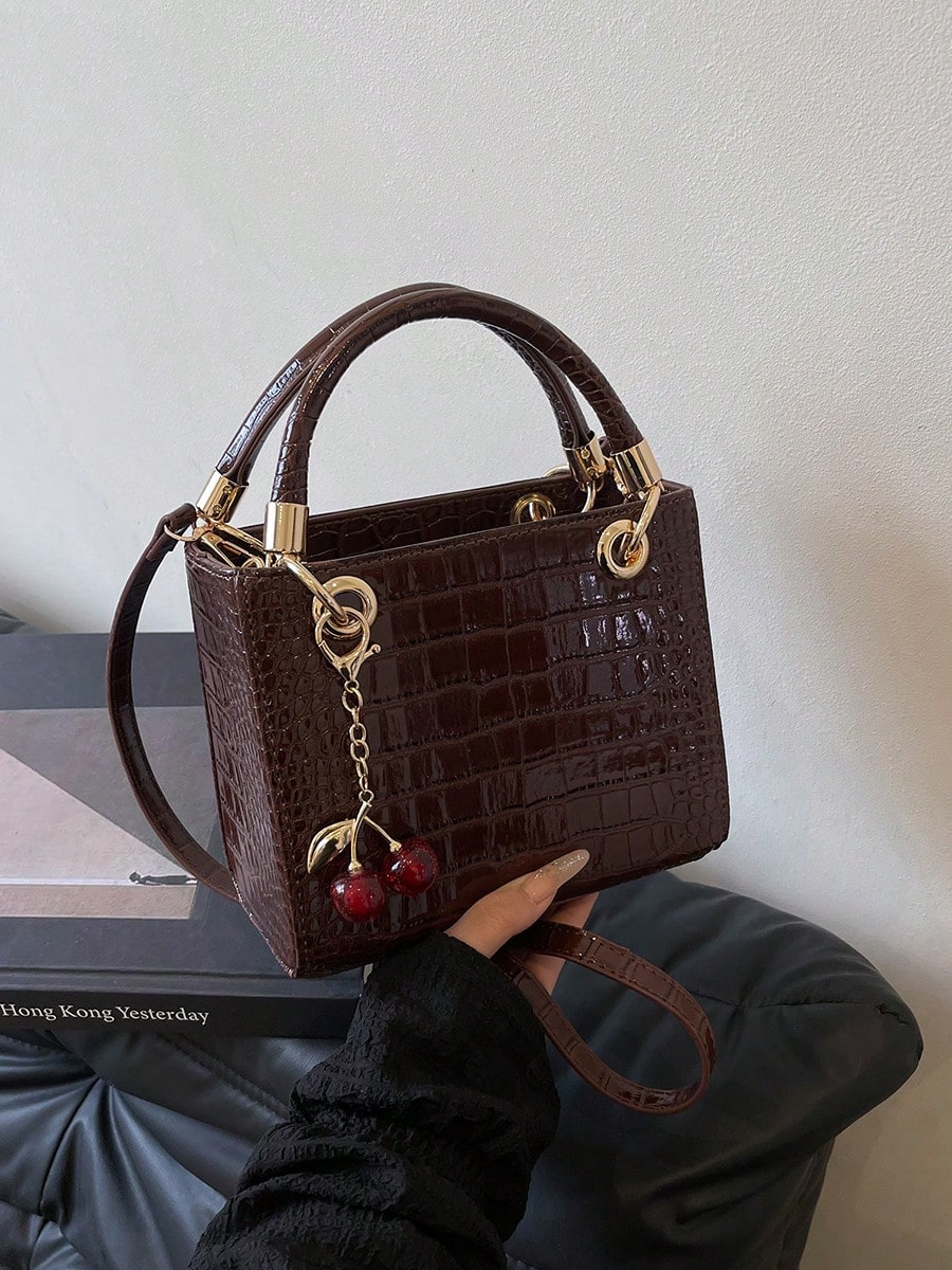 Women's Tote Bag With Large Capacity, Cherry Pendant, Adjustable Shoulder Strap For Crossbody Or Shoulder Wear, Elegant Coffee Color