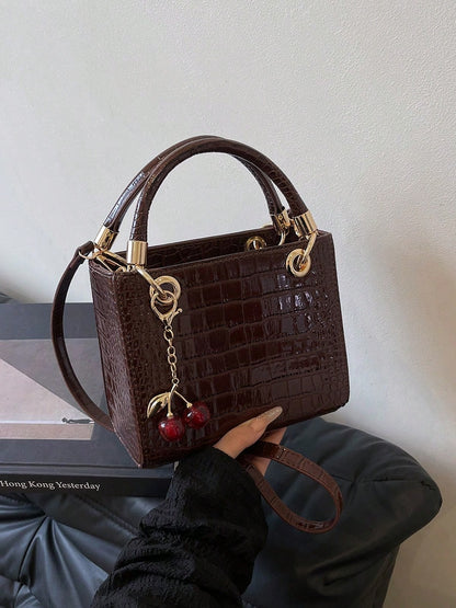 Women's Tote Bag With Large Capacity, Cherry Pendant, Adjustable Shoulder Strap For Crossbody Or Shoulder Wear, Elegant Coffee Color