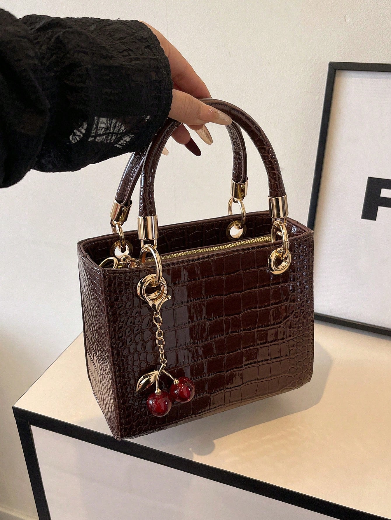 Women's Tote Bag With Large Capacity, Cherry Pendant, Adjustable Shoulder Strap For Crossbody Or Shoulder Wear, Elegant Coffee Color