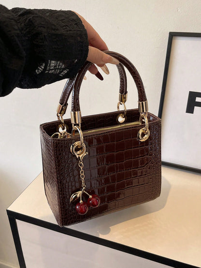 Women's Tote Bag With Large Capacity, Cherry Pendant, Adjustable Shoulder Strap For Crossbody Or Shoulder Wear, Elegant Coffee Color