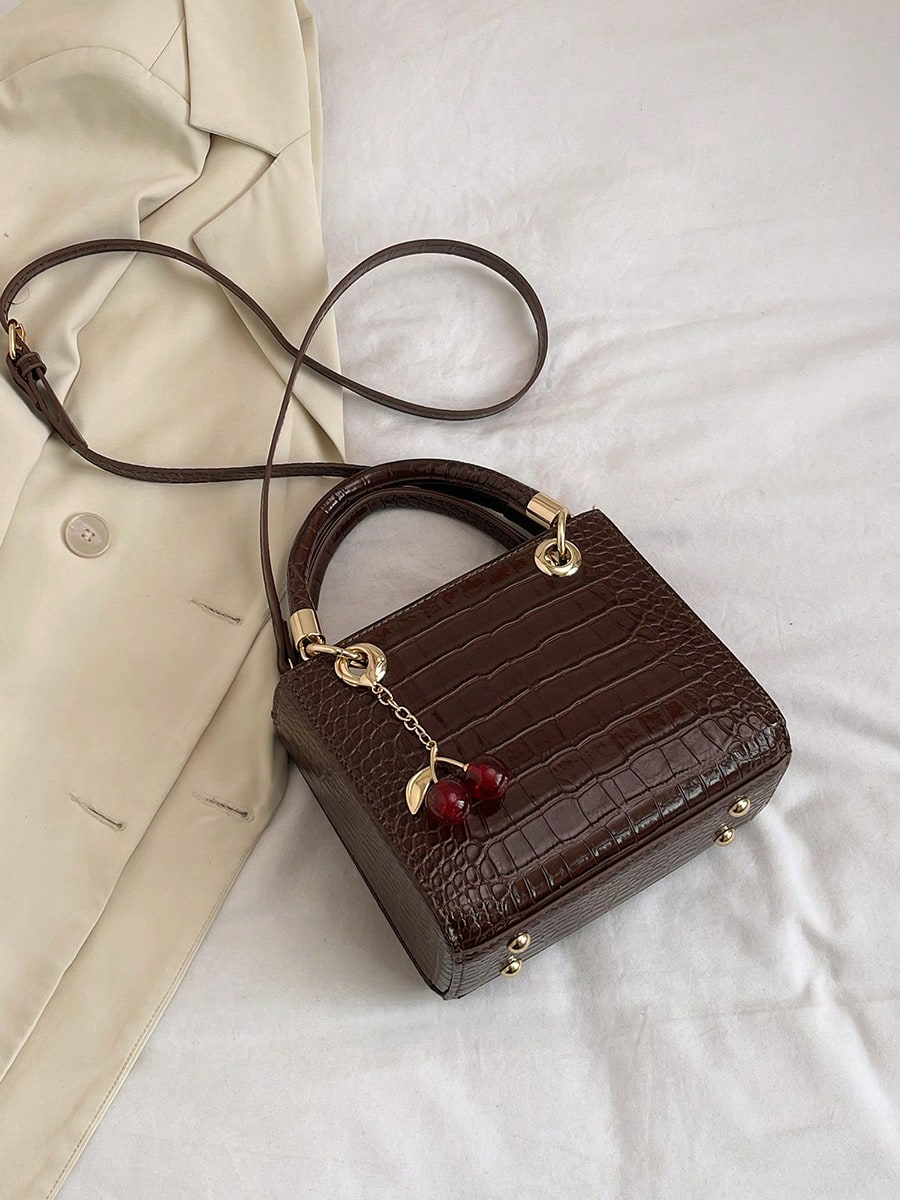 Women's Tote Bag With Large Capacity, Cherry Pendant, Adjustable Shoulder Strap For Crossbody Or Shoulder Wear, Elegant Coffee Color
