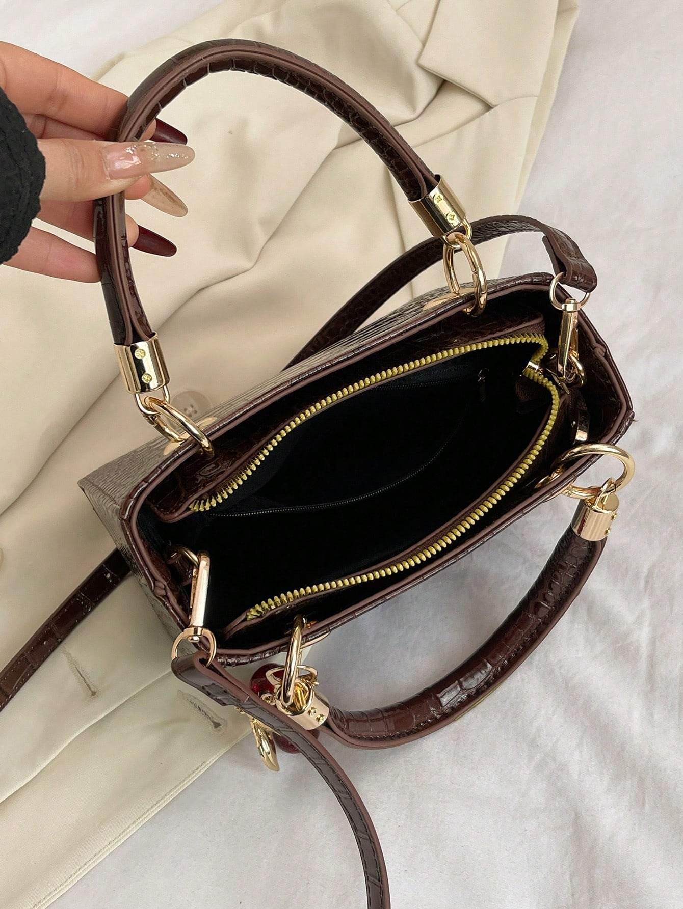 Women's Tote Bag With Large Capacity, Cherry Pendant, Adjustable Shoulder Strap For Crossbody Or Shoulder Wear, Elegant Coffee Color