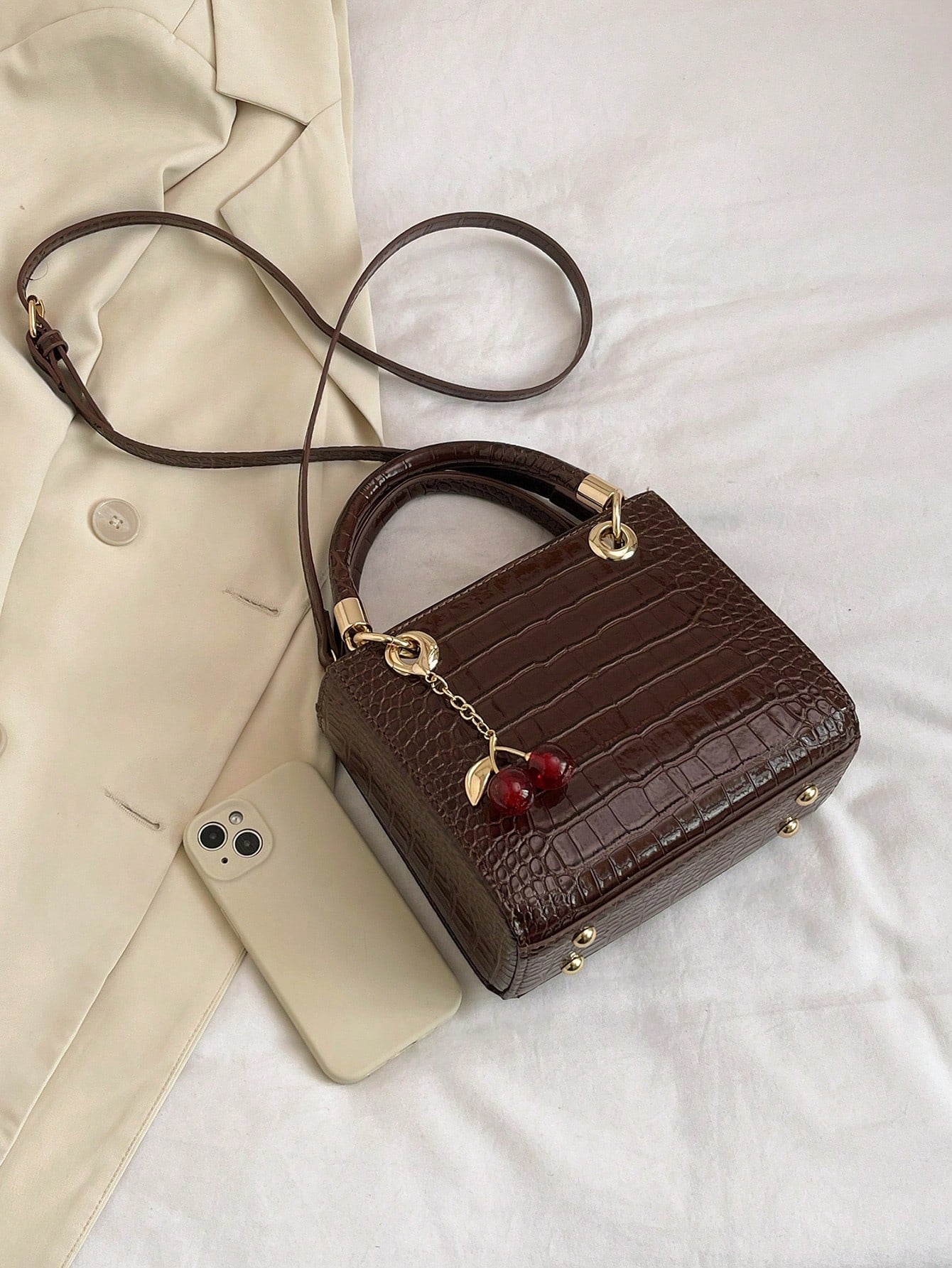Women's Tote Bag With Large Capacity, Cherry Pendant, Adjustable Shoulder Strap For Crossbody Or Shoulder Wear, Elegant Coffee Color