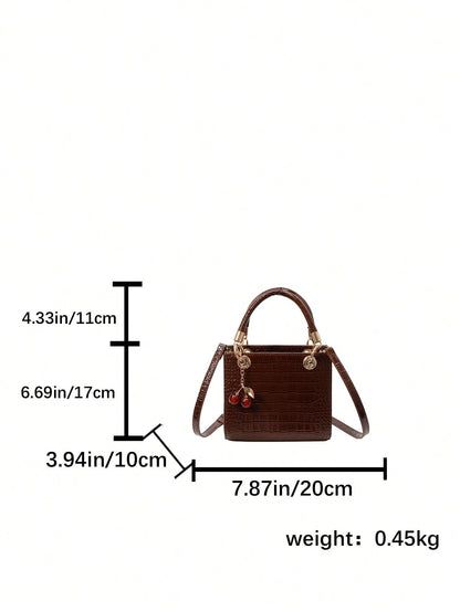 Women's Tote Bag With Large Capacity, Cherry Pendant, Adjustable Shoulder Strap For Crossbody Or Shoulder Wear, Elegant Coffee Color