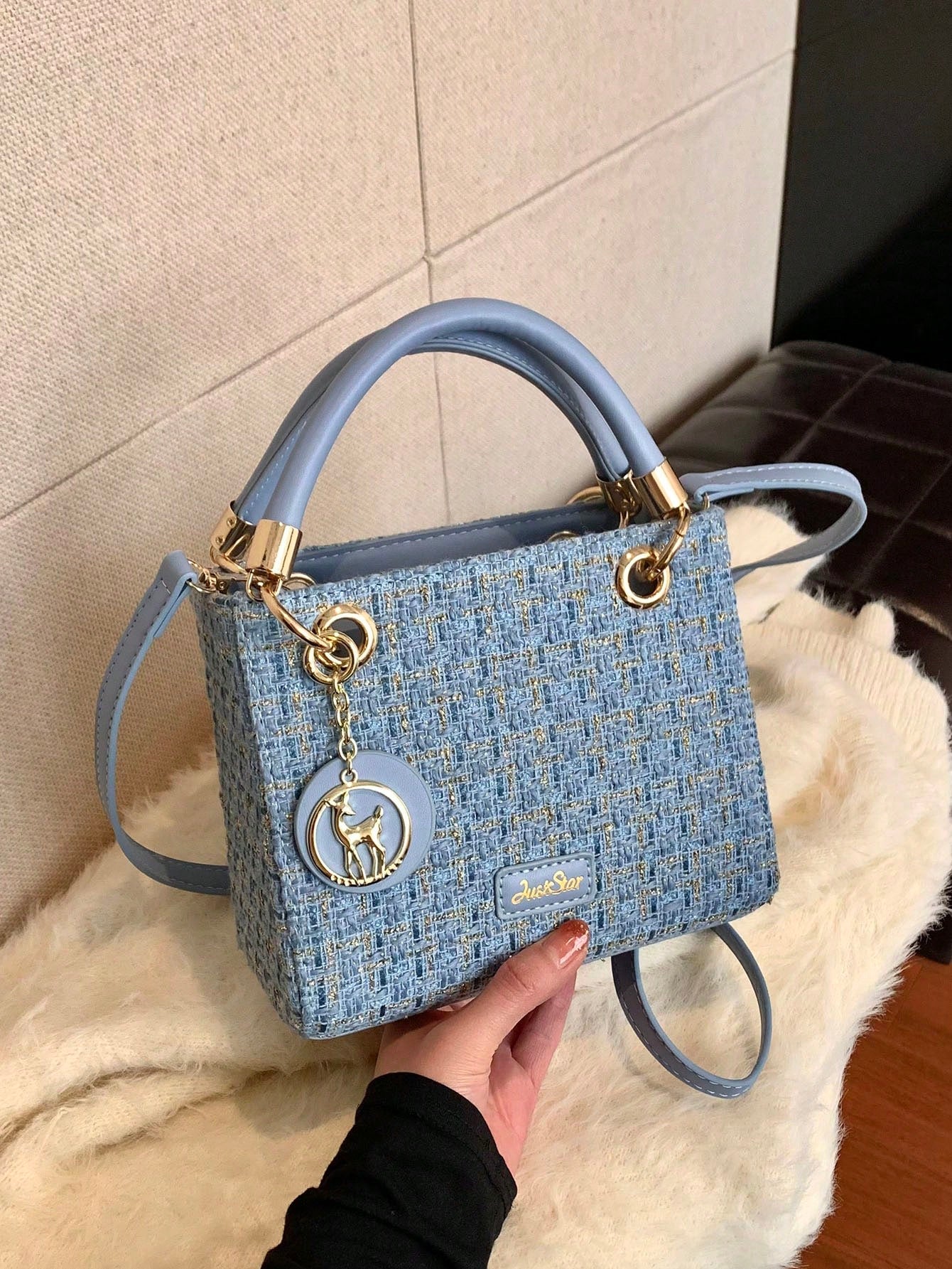 Women's Tote Bag With Large Capacity, Cherry Pendant, Adjustable Shoulder Strap For Crossbody Or Shoulder Wear, Elegant Coffee Color