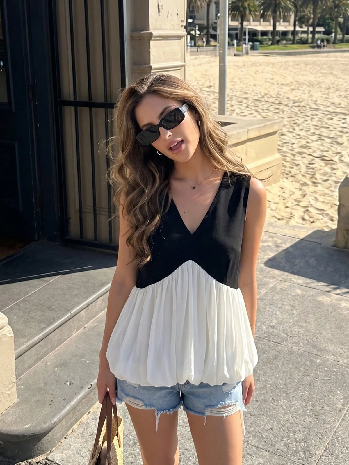 Women's V-Neck Color Block Pleated Casual Versatile Daily Wear Top Black Summer