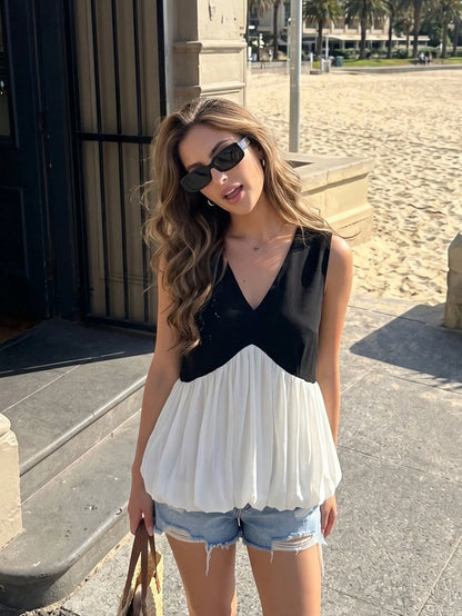 Women's V-Neck Color Block Pleated Casual Versatile Daily Wear Top Black Summer