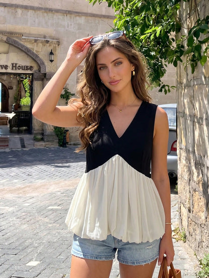 Women's V-Neck Color Block Pleated Casual Versatile Daily Wear Top Black Summer