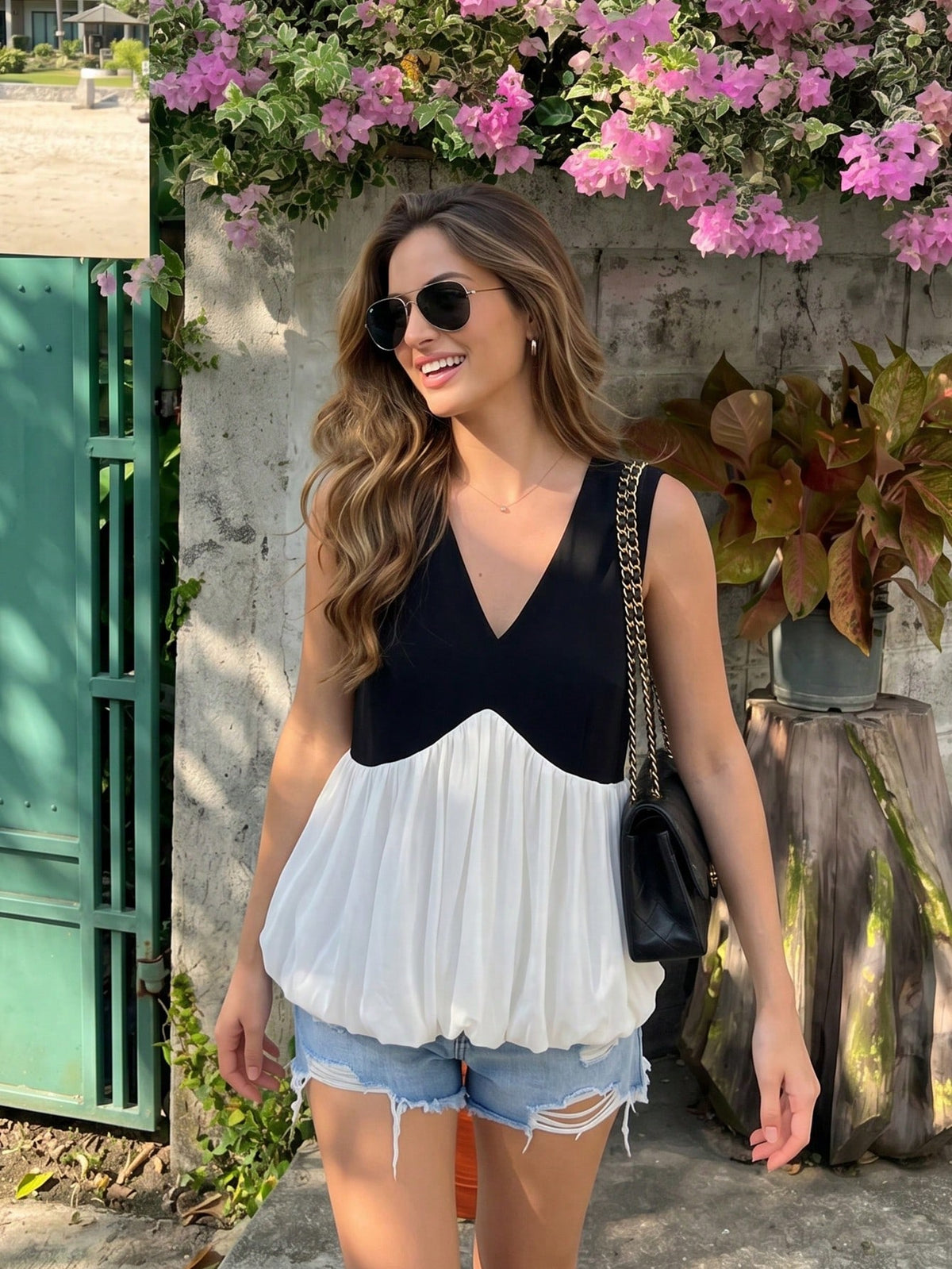 Women's V-Neck Color Block Pleated Casual Versatile Daily Wear Top Black Summer