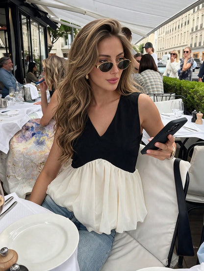 Women's V-Neck Color Block Pleated Casual Versatile Daily Wear Top Black Summer