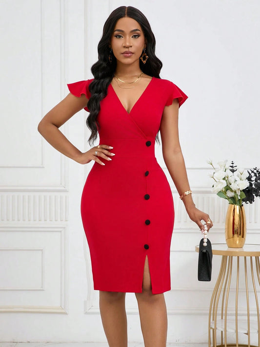 Women's V-Neck Solid Color Sexy Elegant Sleeveless Party Pencil Skirt Summer Red