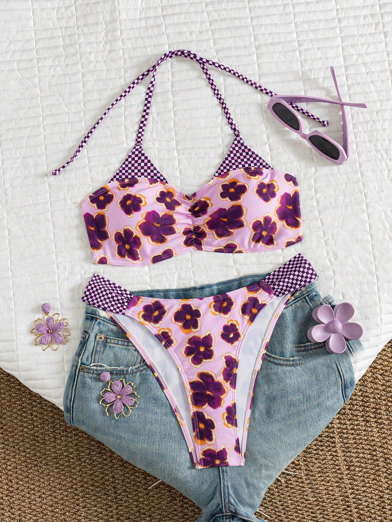 Women's Vacation Floral Print Flat Chest Halter Bikini 2 Pieces Set Suitable For Summer Island Vacation Swimming Beach