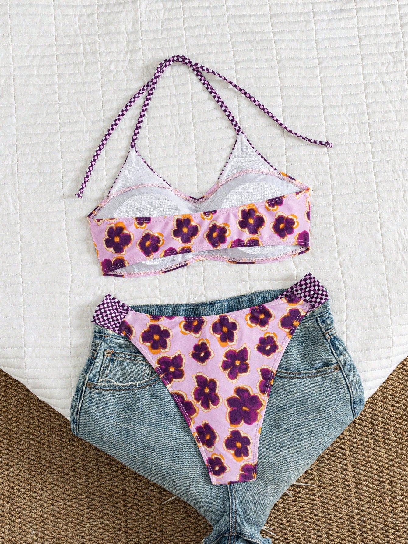 Women's Vacation Floral Print Flat Chest Halter Bikini 2 Pieces Set Suitable For Summer Island Vacation Swimming Beach