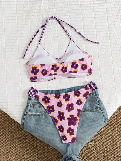 Women's Vacation Floral Print Flat Chest Halter Bikini 2 Pieces Set Suitable For Summer Island Vacation Swimming Beach
