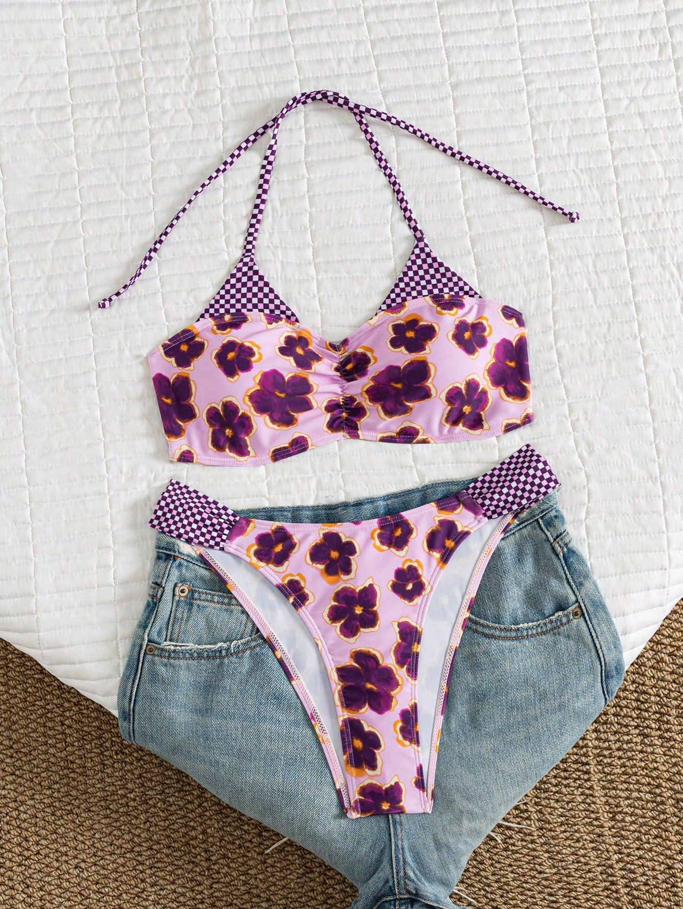 Women's Vacation Floral Print Flat Chest Halter Bikini 2 Pieces Set Suitable For Summer Island Vacation Swimming Beach