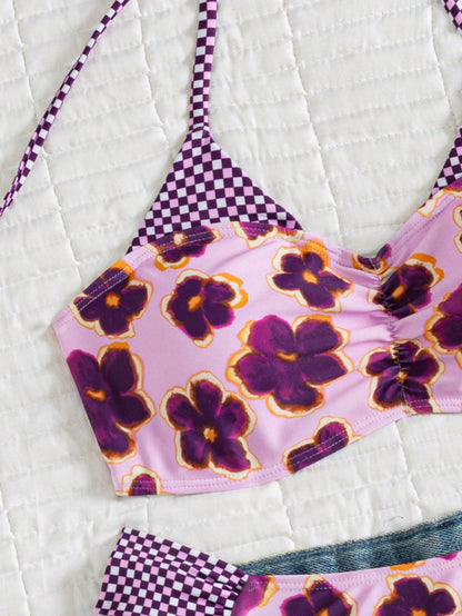 Women's Vacation Floral Print Flat Chest Halter Bikini 2 Pieces Set Suitable For Summer Island Vacation Swimming Beach