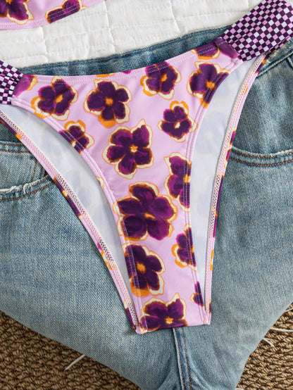 Women's Vacation Floral Print Flat Chest Halter Bikini 2 Pieces Set Suitable For Summer Island Vacation Swimming Beach