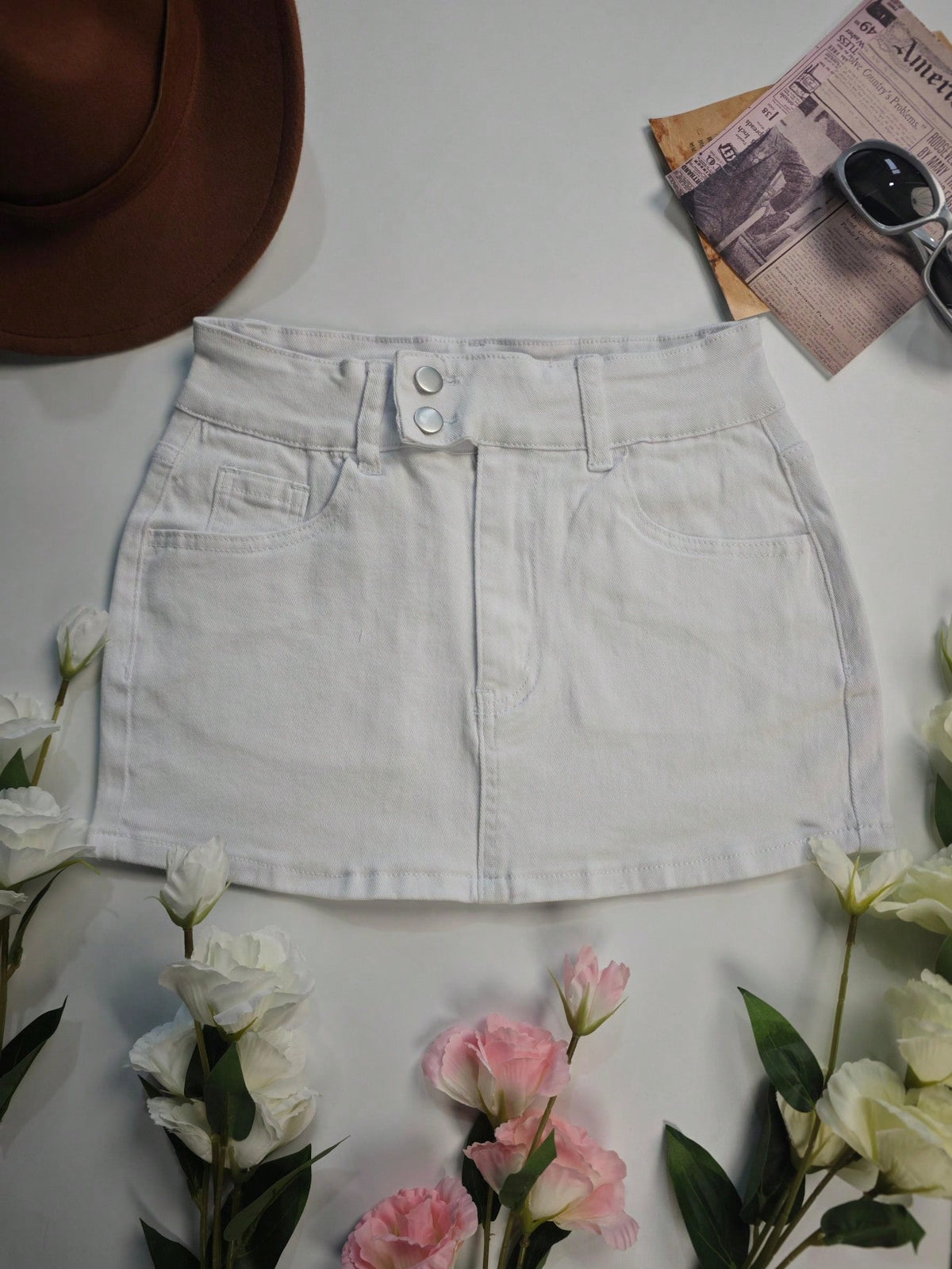 Women's Waisted Double-Buckle Elastic Casual Skirt, Summer Holiday Beach Skirt White