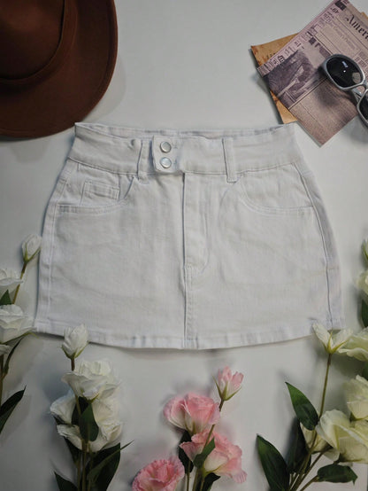 Women's Waisted Double-Buckle Elastic Casual Skirt, Summer Holiday Beach Skirt White