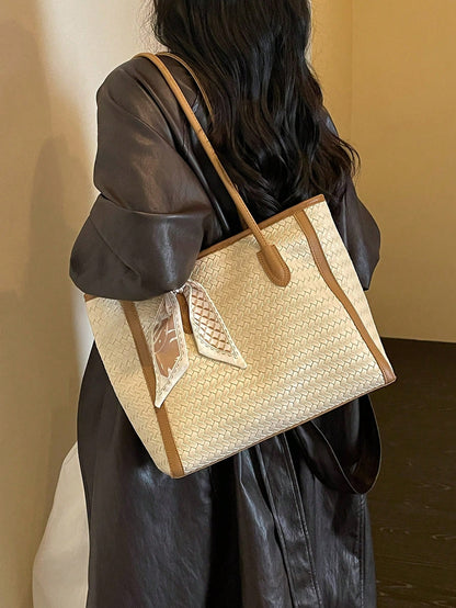Women's Woven Texture Handbag With Scarf Decoration, Large Capacity Vintage PU Tote Bag, Suitable For Commuting, Daily Use And Shopping