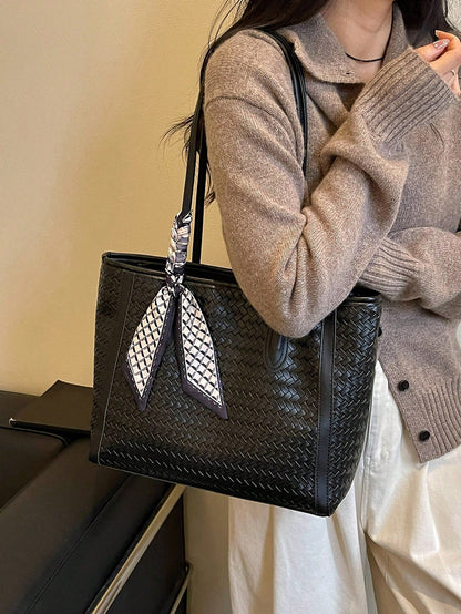Women's Woven Texture Handbag With Scarf Decoration, Large Capacity Vintage PU Tote Bag, Suitable For Commuting, Daily Use And Shopping