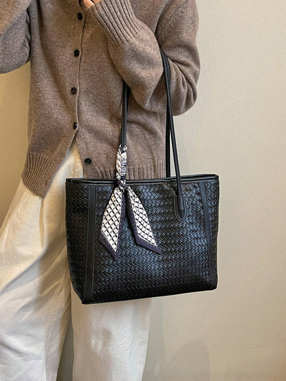 Women's Woven Texture Handbag With Scarf Decoration, Large Capacity Vintage PU Tote Bag, Suitable For Commuting, Daily Use And Shopping