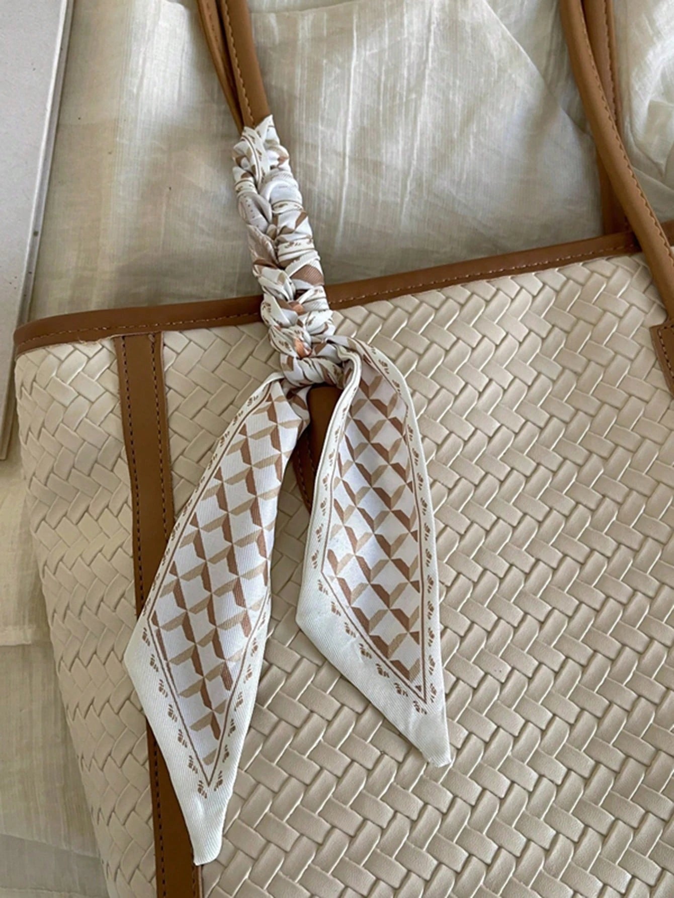 Women's Woven Texture Handbag With Scarf Decoration, Large Capacity Vintage PU Tote Bag, Suitable For Commuting, Daily Use And Shopping