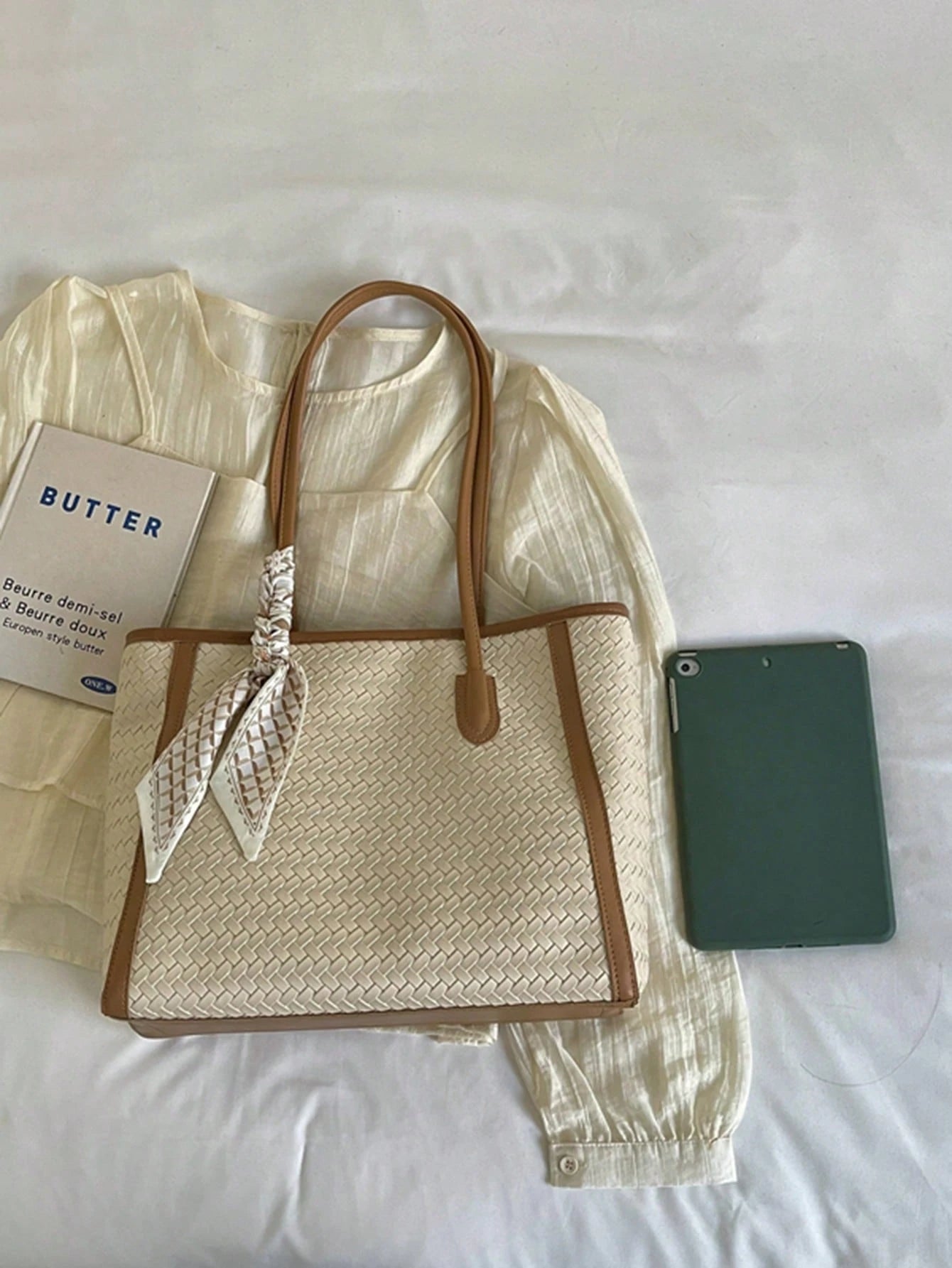 Women's Woven Texture Handbag With Scarf Decoration, Large Capacity Vintage PU Tote Bag, Suitable For Commuting, Daily Use And Shopping