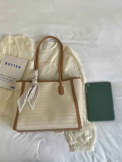 Women's Woven Texture Handbag With Scarf Decoration, Large Capacity Vintage PU Tote Bag, Suitable For Commuting, Daily Use And Shopping