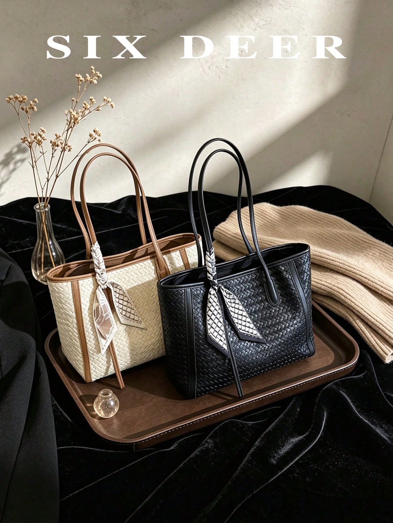 Women's Woven Texture Handbag With Scarf Decoration, Large Capacity Vintage PU Tote Bag, Suitable For Commuting, Daily Use And Shopping