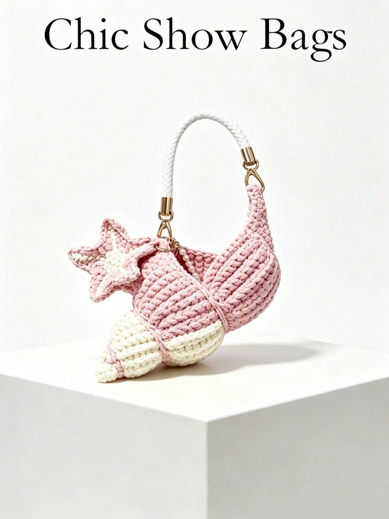 Women Shoulder Bag,Conch Shape Handbag,Crochet Knitted Fabric,Star Pendant & Pearl,Top Handle,Cute Coastal Style,Summer Beach Daily Bag For Ladies