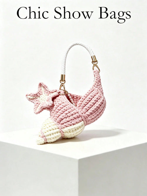 Women Shoulder Bag,Conch Shape Handbag,Crochet Knitted Fabric,Star Pendant & Pearl,Top Handle,Cute Coastal Style,Summer Beach Daily Bag For Ladies