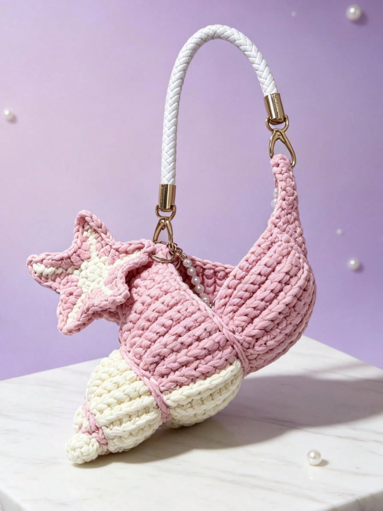 Women Shoulder Bag,Conch Shape Handbag,Crochet Knitted Fabric,Star Pendant & Pearl,Top Handle,Cute Coastal Style,Summer Beach Daily Bag For Ladies