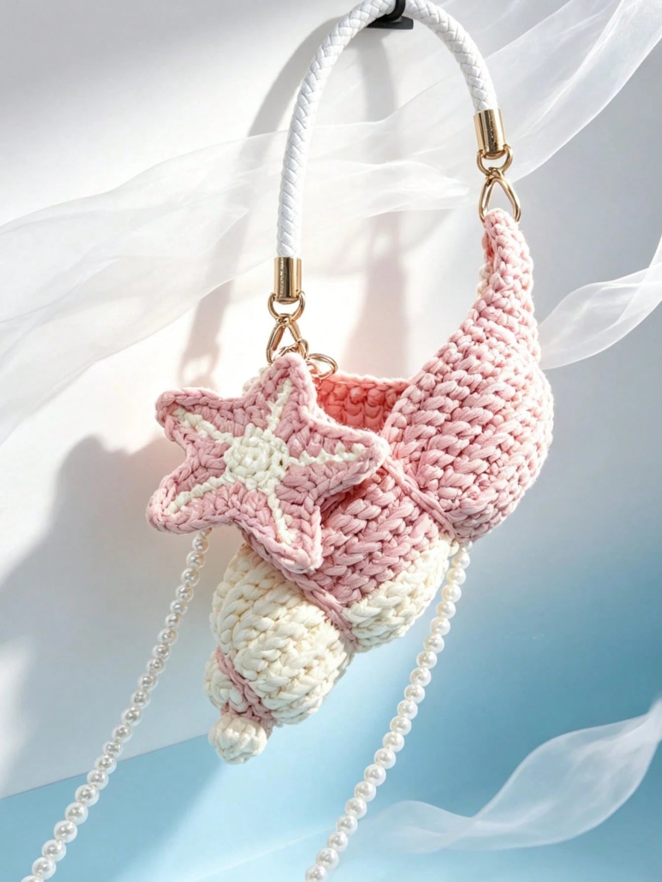 Women Shoulder Bag,Conch Shape Handbag,Crochet Knitted Fabric,Star Pendant & Pearl,Top Handle,Cute Coastal Style,Summer Beach Daily Bag For Ladies