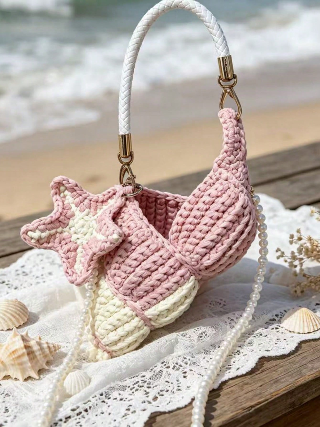 Women Shoulder Bag,Conch Shape Handbag,Crochet Knitted Fabric,Star Pendant & Pearl,Top Handle,Cute Coastal Style,Summer Beach Daily Bag For Ladies