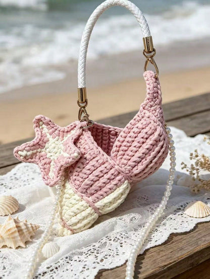 Women Shoulder Bag,Conch Shape Handbag,Crochet Knitted Fabric,Star Pendant & Pearl,Top Handle,Cute Coastal Style,Summer Beach Daily Bag For Ladies