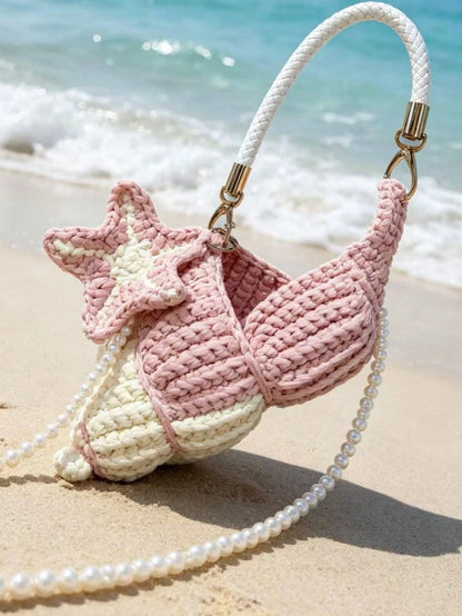 Women Shoulder Bag,Conch Shape Handbag,Crochet Knitted Fabric,Star Pendant & Pearl,Top Handle,Cute Coastal Style,Summer Beach Daily Bag For Ladies