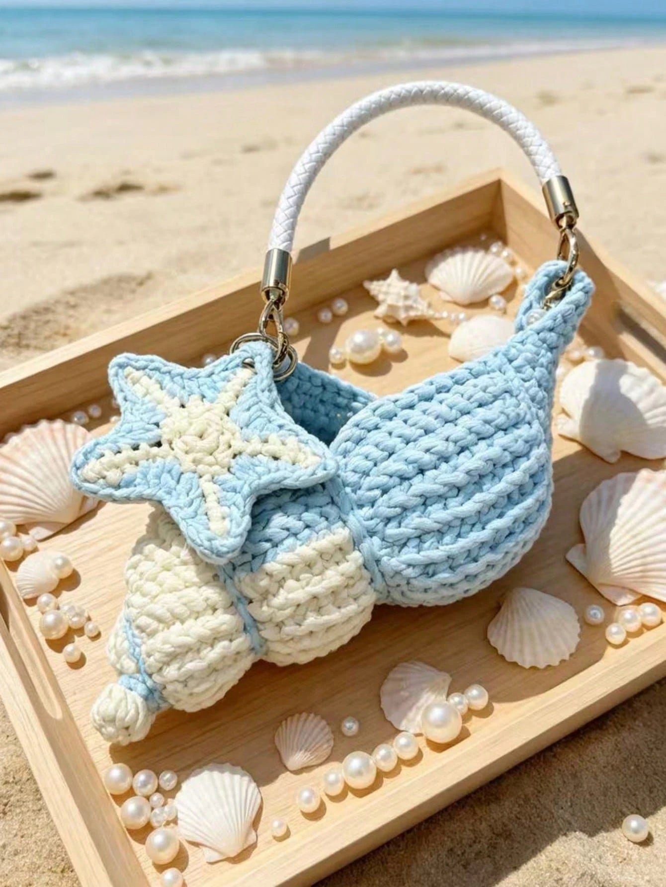 Women Shoulder Bag,Conch Shape Handbag,Crochet Knitted Fabric,Star Pendant & Pearl,Top Handle,Cute Coastal Style,Summer Beach Daily Bag For Ladies