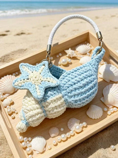 Women Shoulder Bag,Conch Shape Handbag,Crochet Knitted Fabric,Star Pendant & Pearl,Top Handle,Cute Coastal Style,Summer Beach Daily Bag For Ladies