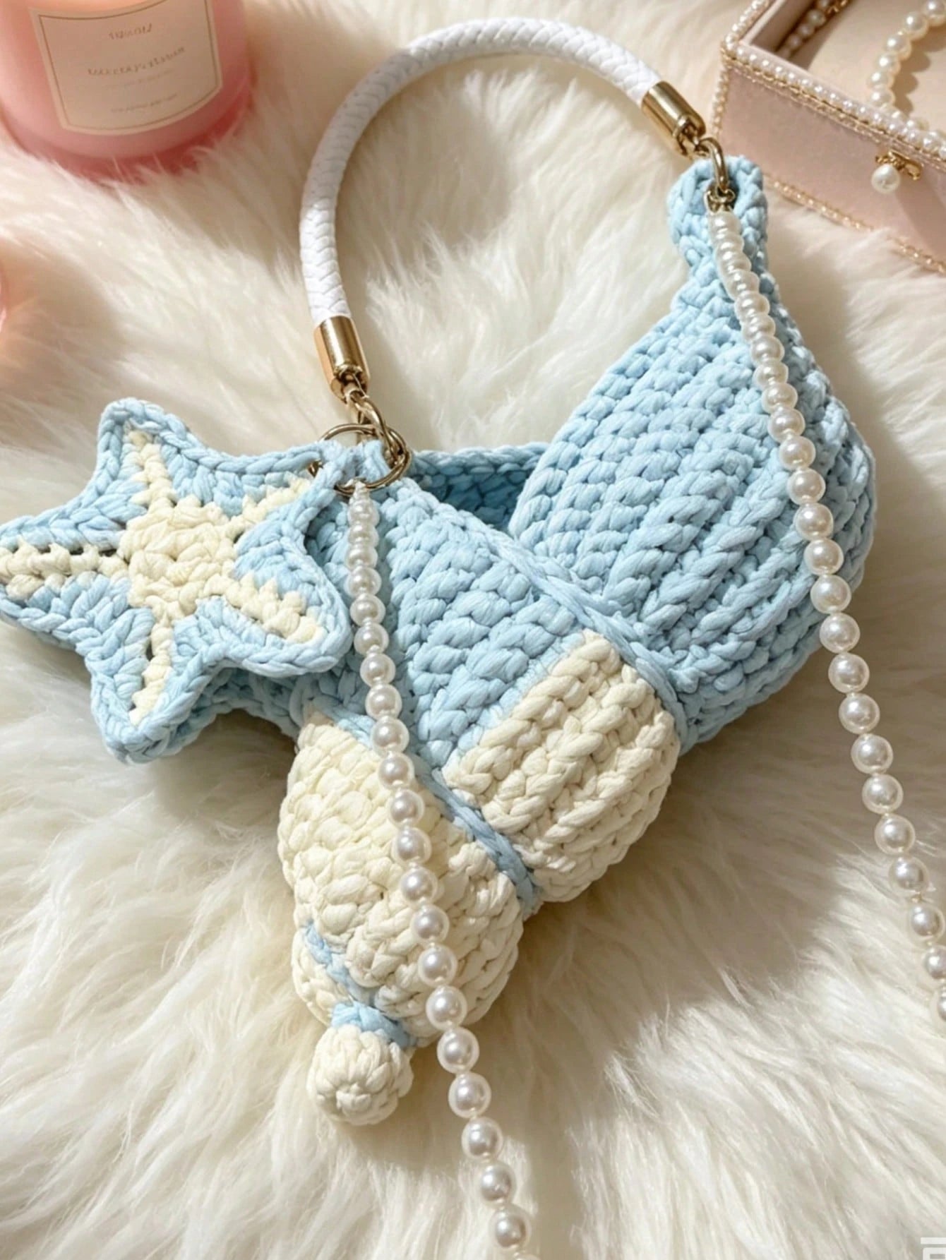 Women Shoulder Bag,Conch Shape Handbag,Crochet Knitted Fabric,Star Pendant & Pearl,Top Handle,Cute Coastal Style,Summer Beach Daily Bag For Ladies