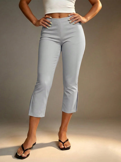 Women Slim Fit Capri Pants High Waisted Stylish Side Slit Hem Cropped Pants Soft Elastic Casual Crop Leggings For Work