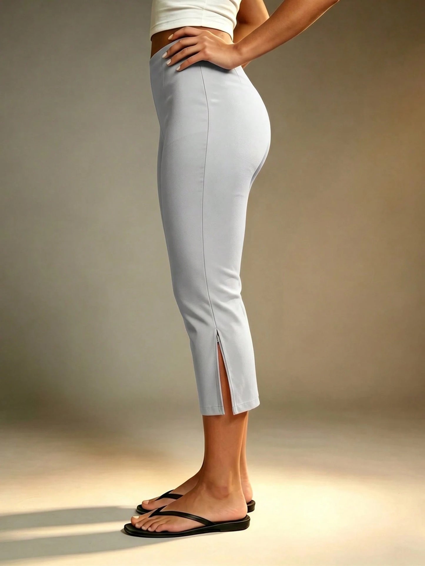 Women Slim Fit Capri Pants High Waisted Stylish Side Slit Hem Cropped Pants Soft Elastic Casual Crop Leggings For Work