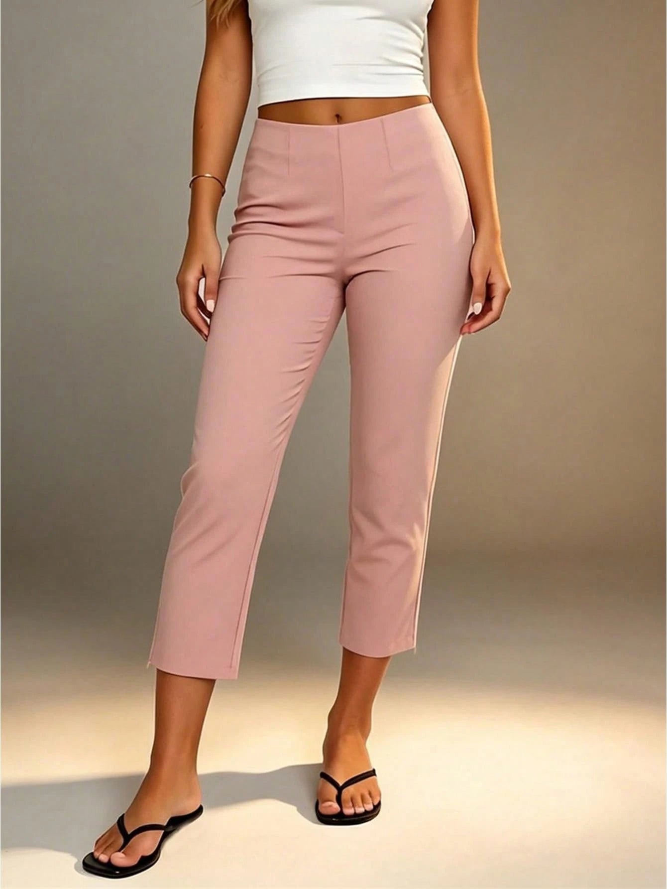 Women Slim Fit Capri Pants High Waisted Stylish Side Slit Hem Cropped Pants Soft Elastic Casual Crop Leggings For Work