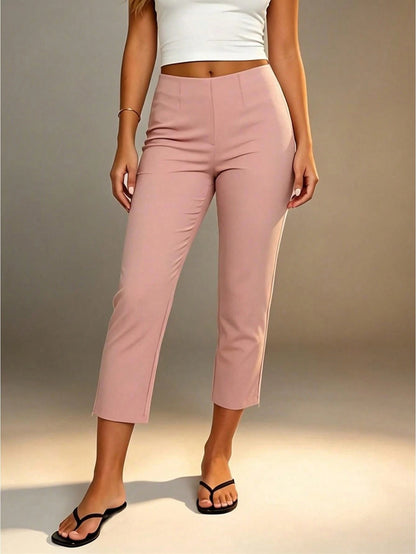 Women Slim Fit Capri Pants High Waisted Stylish Side Slit Hem Cropped Pants Soft Elastic Casual Crop Leggings For Work