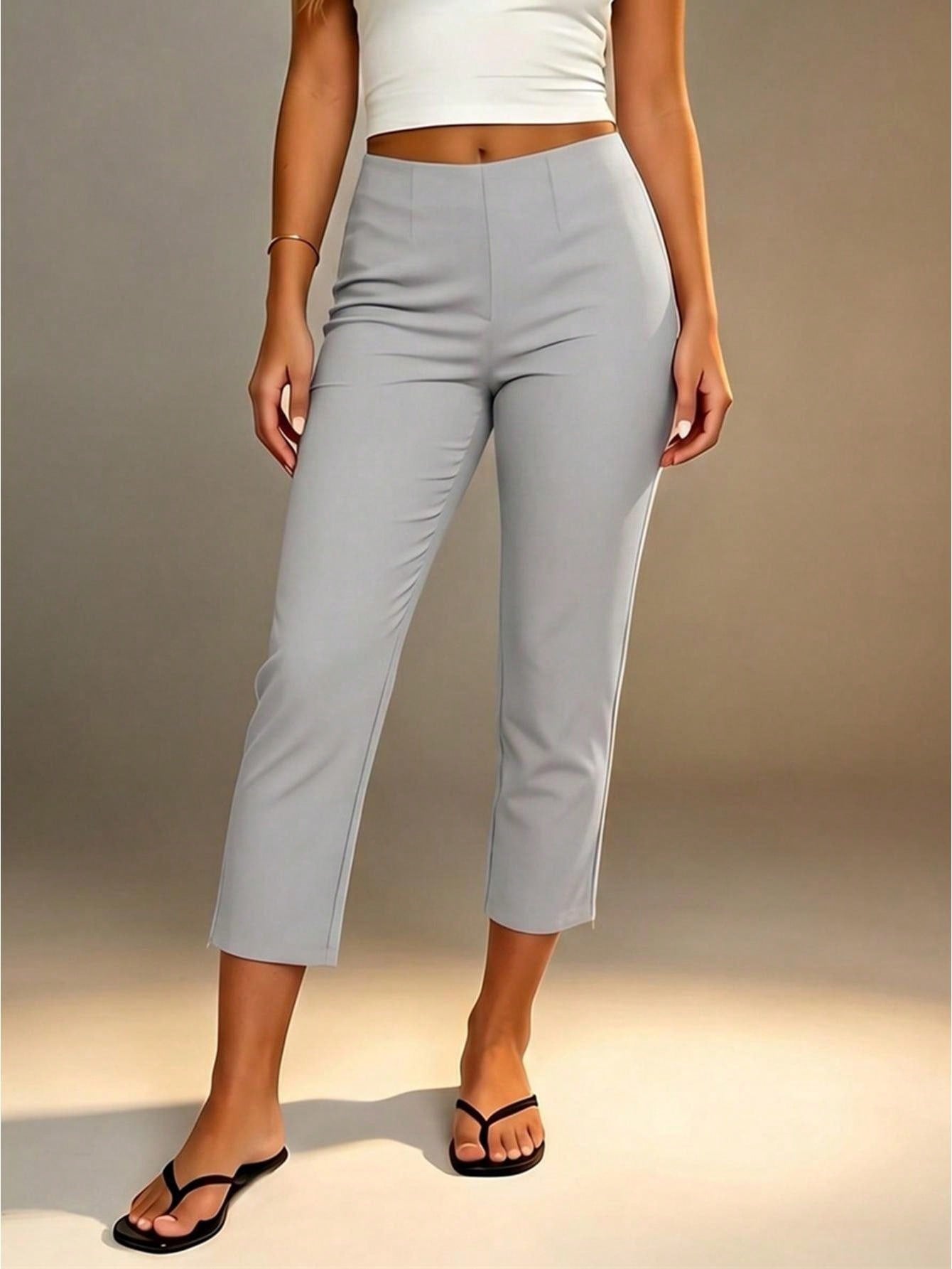 Women Slim Fit Capri Pants High Waisted Stylish Side Slit Hem Cropped Pants Soft Elastic Casual Crop Leggings For Work