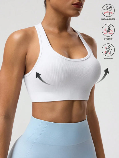 Women Solid Color Racerback Sports Bra, Sleeveless Short Yoga Tank Top, Lightweight Workout Running Activewear For Gym Travel Daily Street Athleisure
